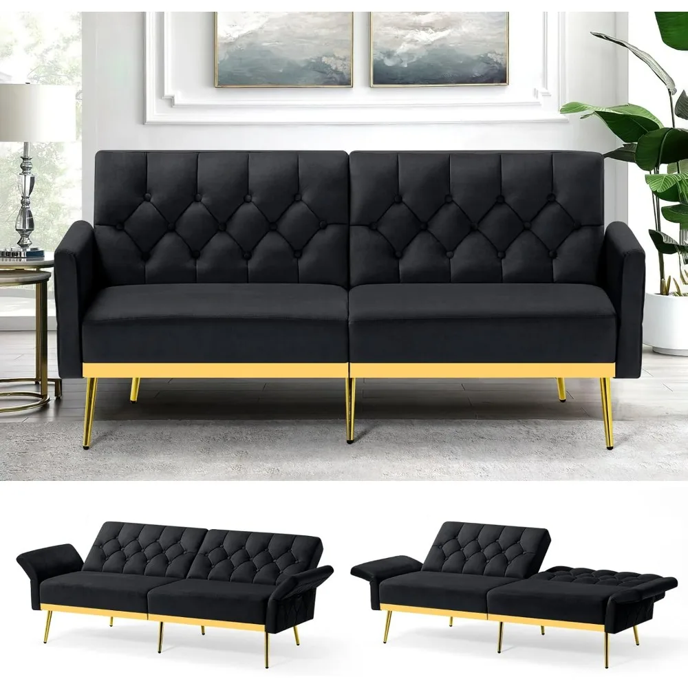 Velvet Sofa Bed, Adjustable Armrests and Backrests, Modern Convertible Sleeper Sofa, Tufted Futon Sofa for Bedroom, Living Room