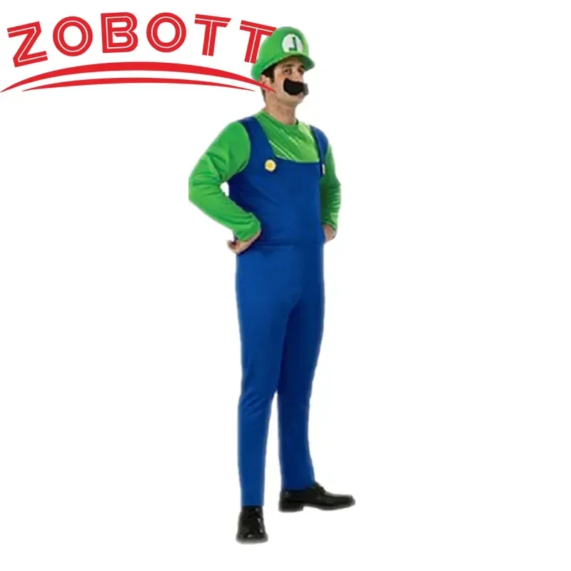 Disfraz de Super Luigi, mono para adulto, sombrero de barba, conjunto para hombres y mujeres, disfraz de Halloween
