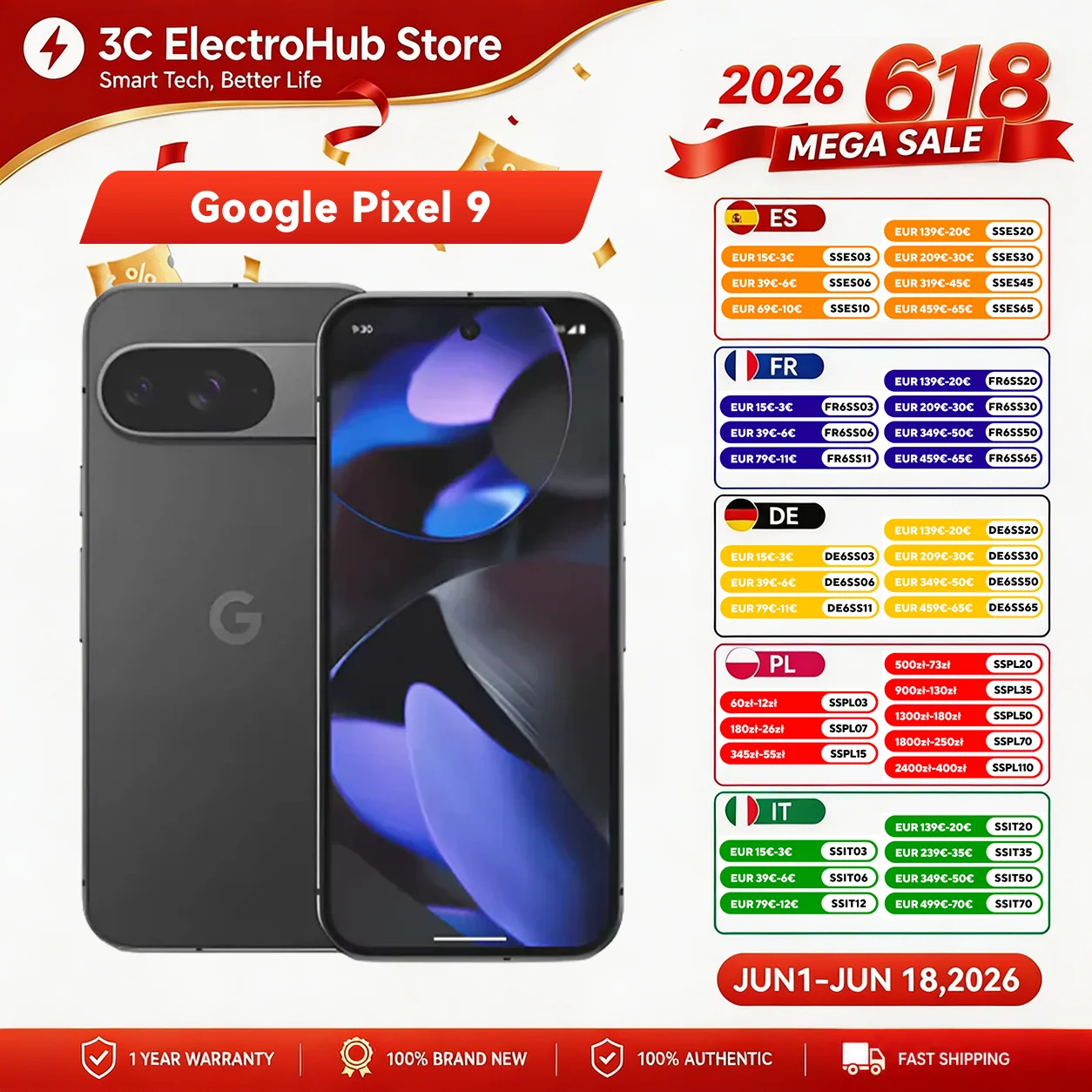 Google Pixel 9, Version globale, 6.3 pouces, Google Tensor G4, 4700 mAh,PD3.0,OLED,120 Hz, RAM12 G , ROM 128 G,Téléphone intel