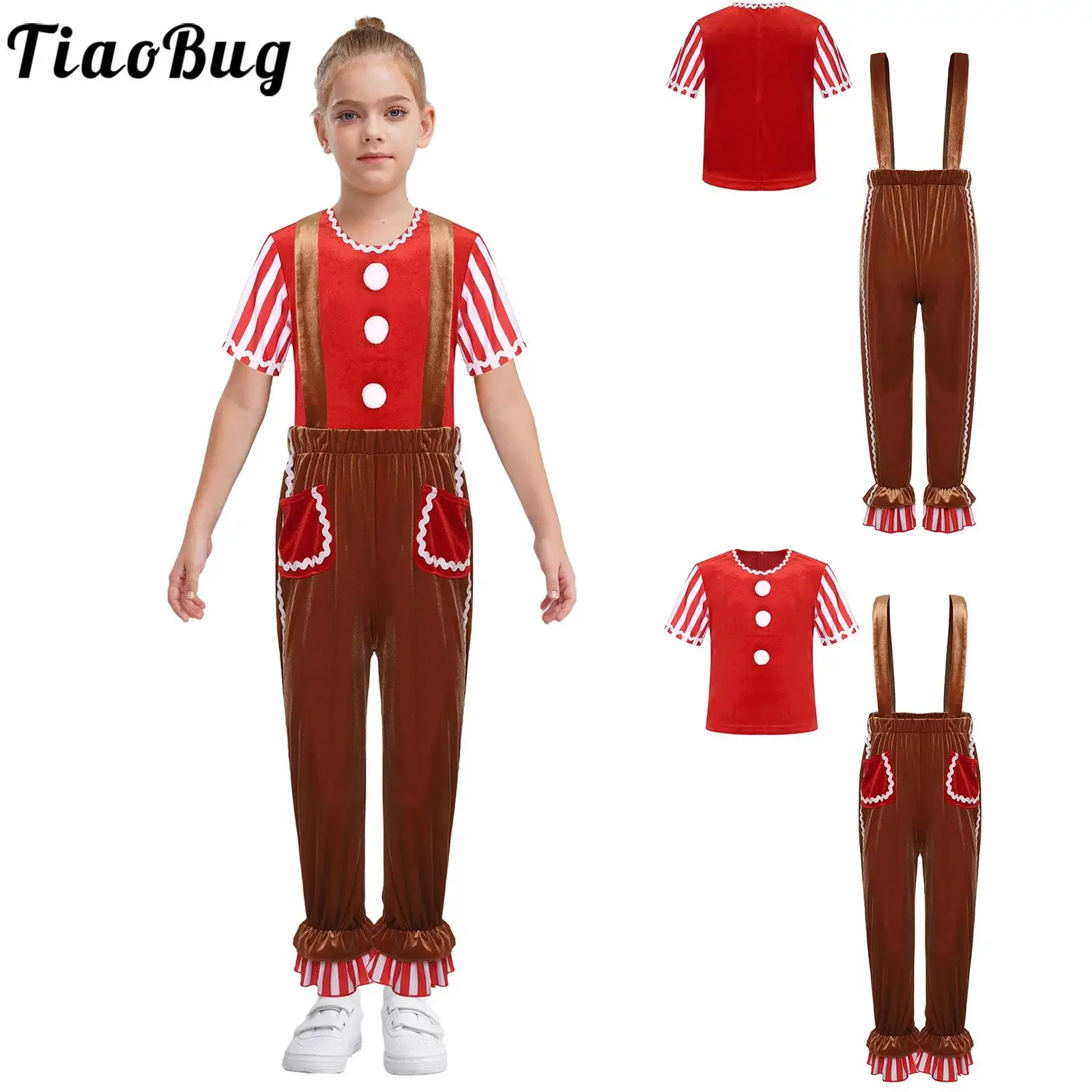 Kids Christmas Gingerbread Man Costume Holiday Party Xmas Cookies Cosplay Outfit Stripes Pompoms T-shirt with Suspender Pants