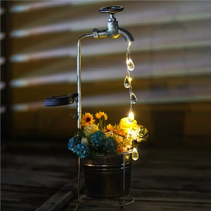 A02M-2X Solar Powered Water Faucet Lights Waterproof LED Planter Lamp For Patio Pathway Walkway Lawn Garden