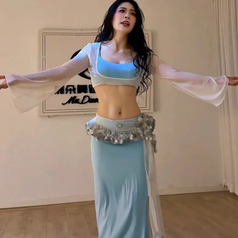 

Customized Belly Dance Costumes Set Performance Dress Class Dress Sexy Temperament Practice Clothes Blue and White 3 Piece Set