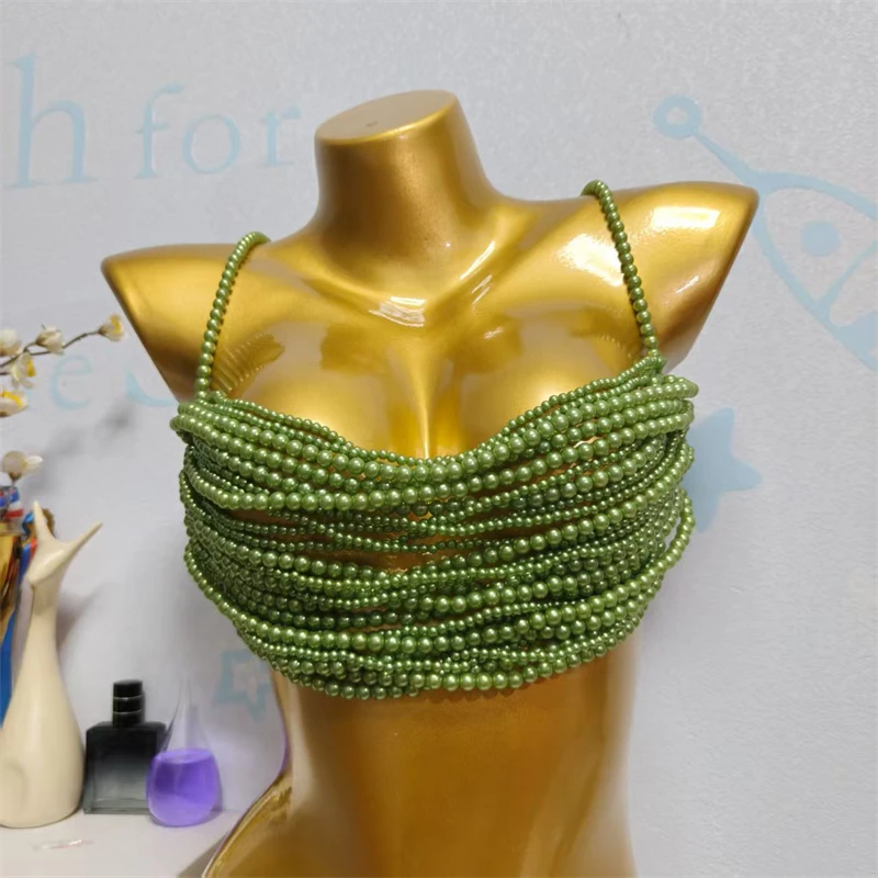 Damen Perlen-Körperkette BH Sexy Mehrlagiges Perlen-Y2K-Crop-Top Spaghetti-Träger Strand-Bikini-Überzug футболка+женская 2026 – Detail 13