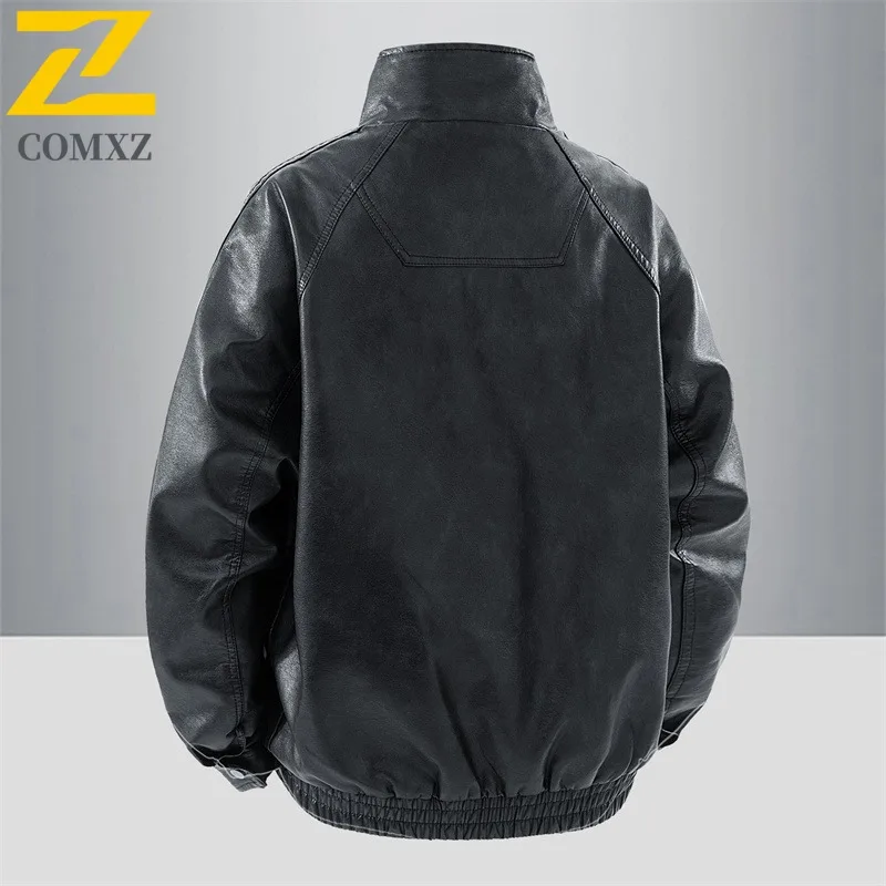سترة جلدية للرجال COMXZ 2025 على الطراز الأمريكي سترة مريحة للدراجات النارية لركوب الدراجات في الهواء الطلق مقاومة للرياح ملابس خريفية خفيفة الوزن #4