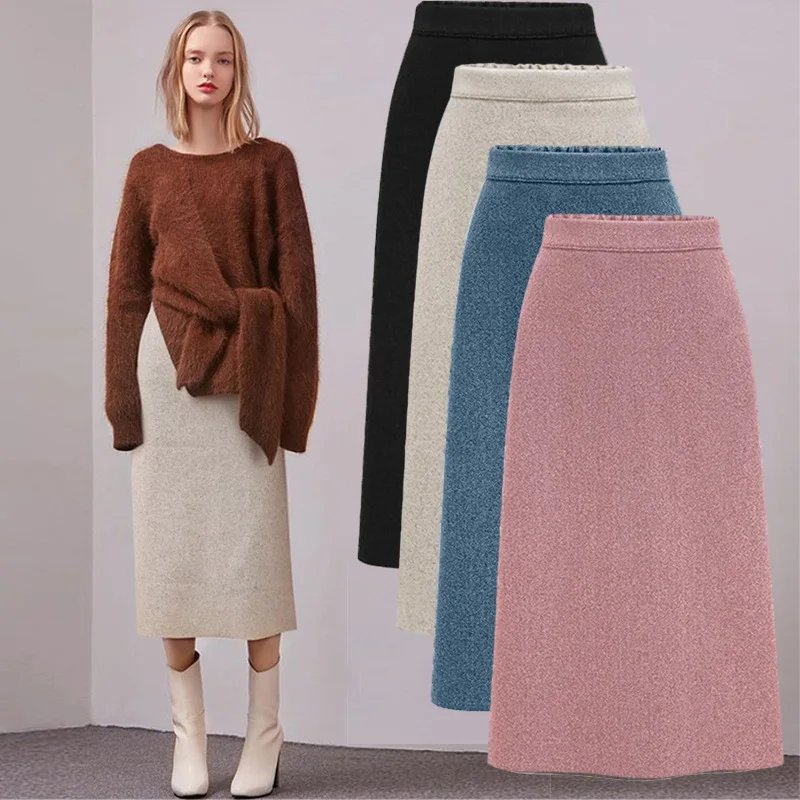 Women Wool Tweed Skirt Midi Skirt Women's Autumn and Winter New Vintage High Waist Slim Hip Skirt Mid-length A-line Skirt Woman