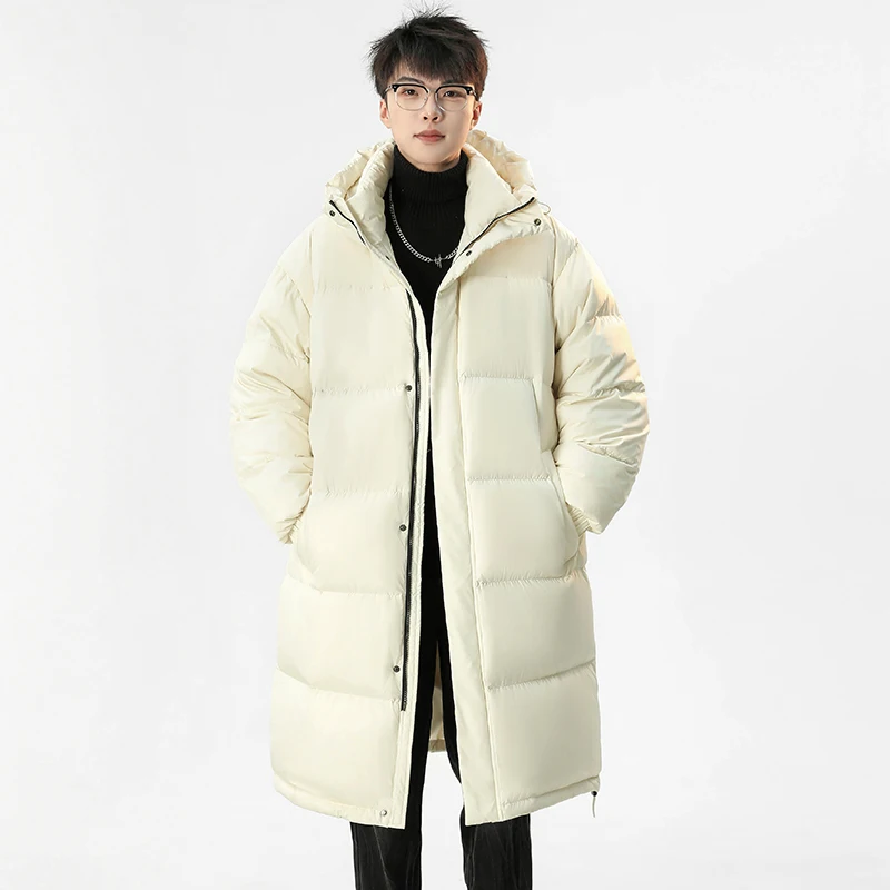 캐주얼 남성용 따뜻한 후드 90% 화이트 덕 다운 재킷 겨울 아우터 솔리드 두꺼운 롱 패딩 코트 루즈 방풍 파카 의류