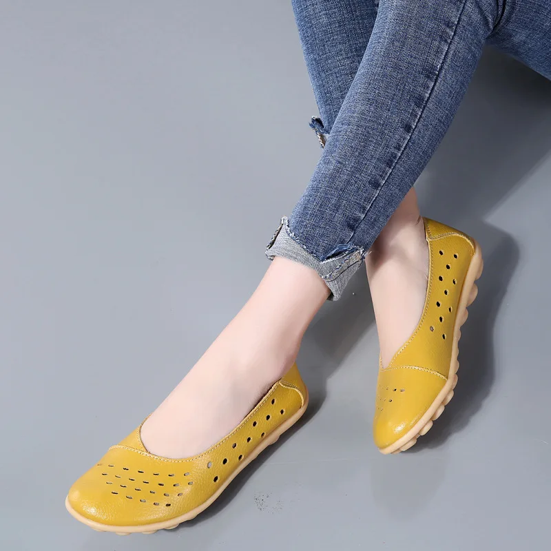 Genuine Leather Women Flats New Cut-Outs Summer Shoes Woman Hollow Women's Loafers Female Solid Shoe Large Size35-44