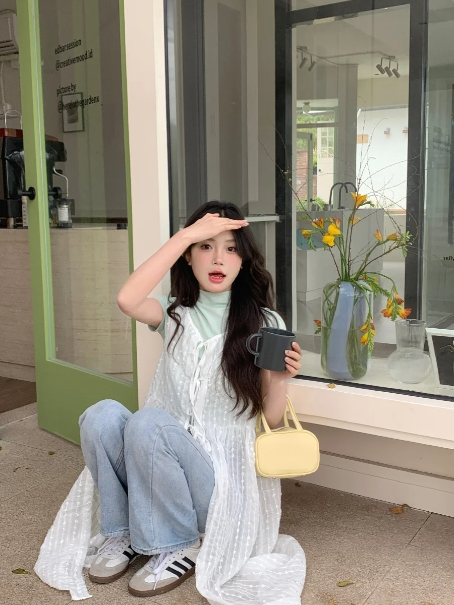 Vestido Colete de Renda F Primavera 2024 Novo Solto Midi Sem Mangas Saia em Linha A Moda Camadas Roupa Tecido de Polié...