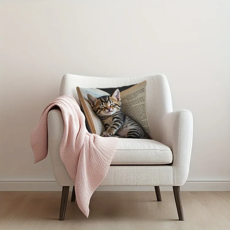 Cuddle Up with Our Adorable Kitten-in-Book Pillowcase! Sofa cushion cover, home room dormitory decoration, 2D printing