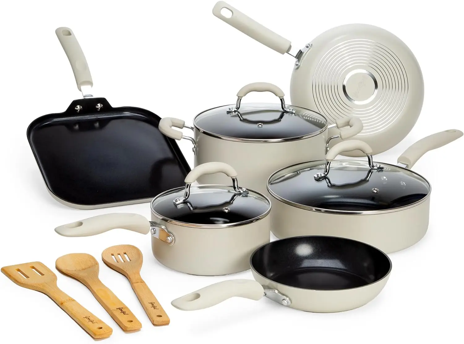 

Ceramic Nonstick Pots and Pans Set Premium Ceramic Coating Made without PFOA PTFE or PFAS Dishwasher Safe 12-Piece Cream