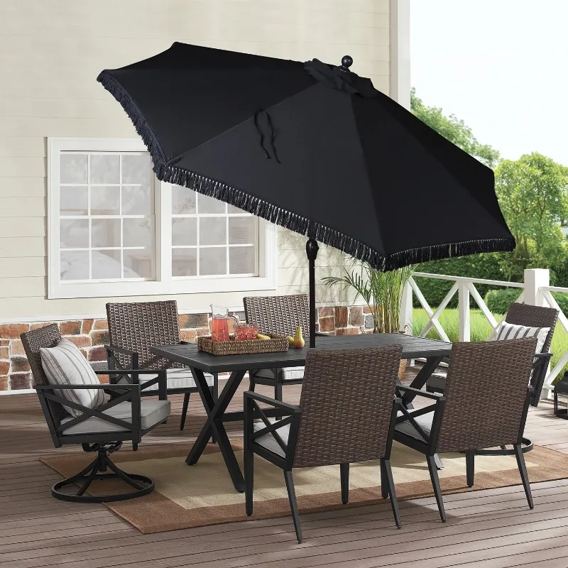 Outdoor 9' Black Fringe Round Crank Premium Patio Umbrella,9' x 9' x 8',11.2 lbs,Eight steel ribs provide canopy support