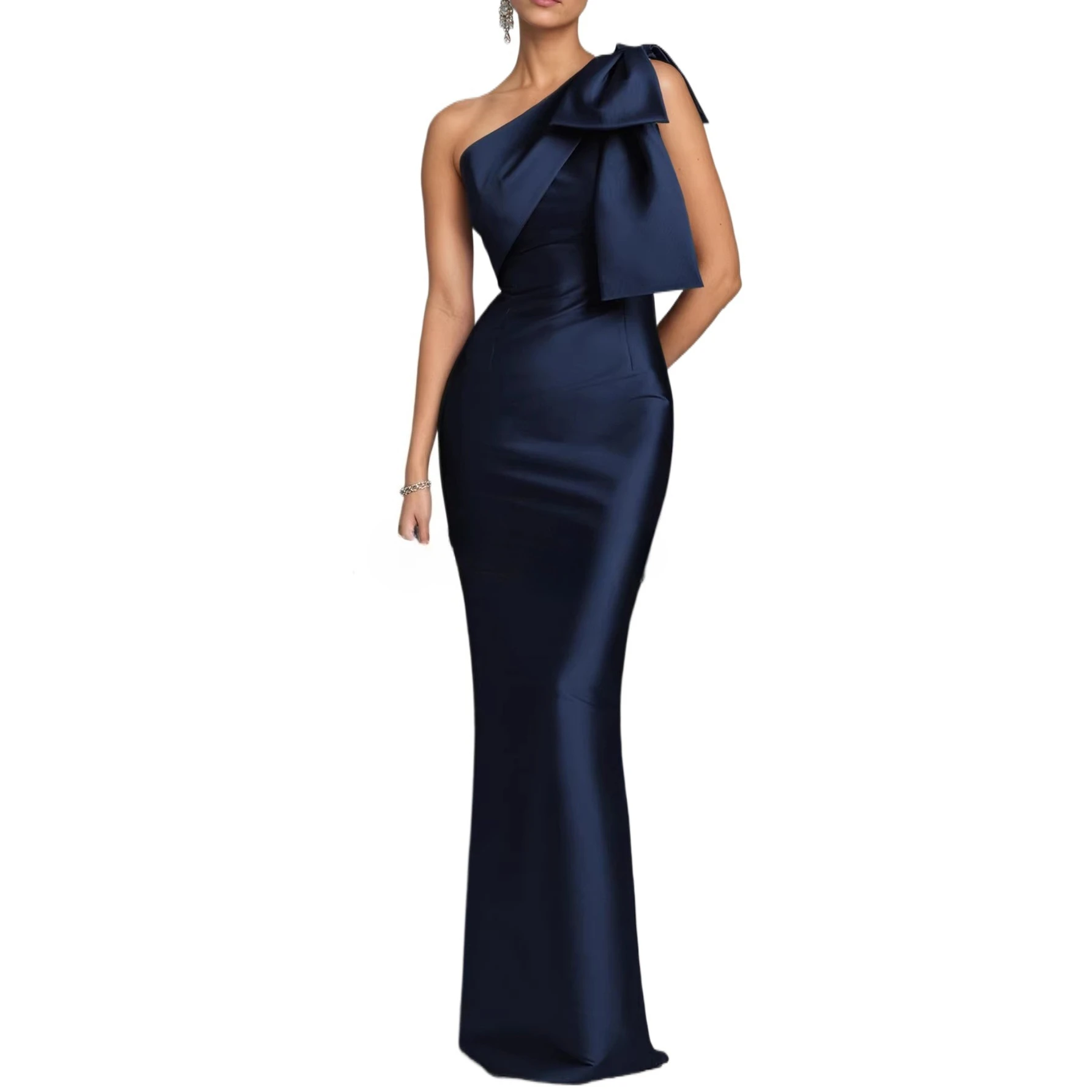 

Elegant One Shoulder Big Flower Satin Mermaid Long Formal Evening Party Dress Dark Blue