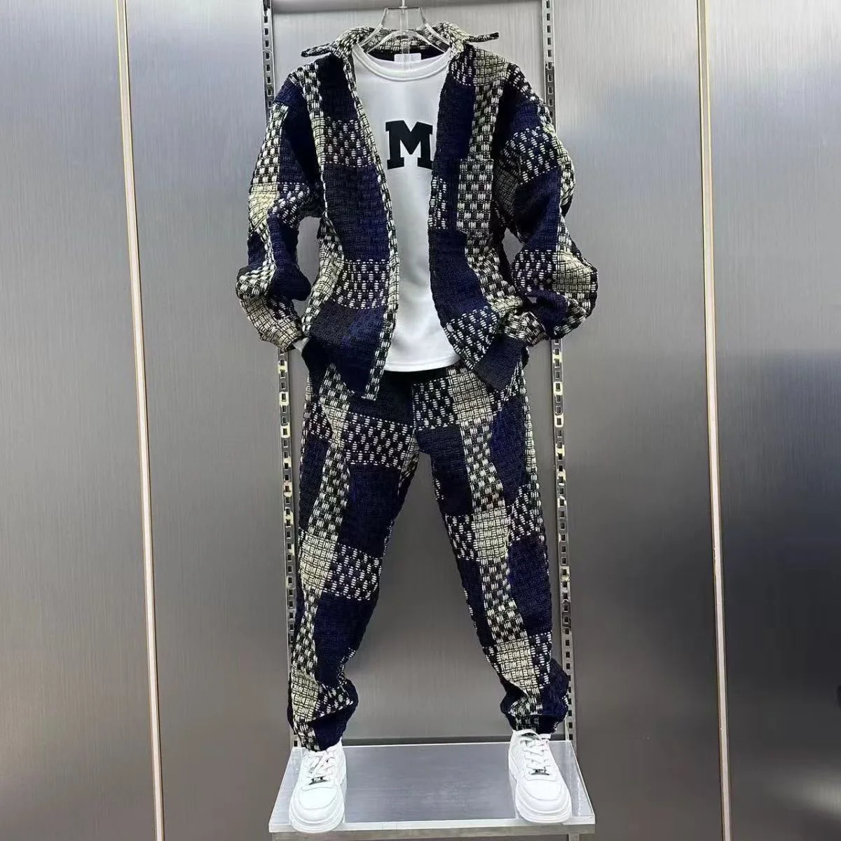 Men's Casual Navy & Beige Textured Plaid Two-Piece Set Lapel Shirt & Jogger Pants Leisure Outfit