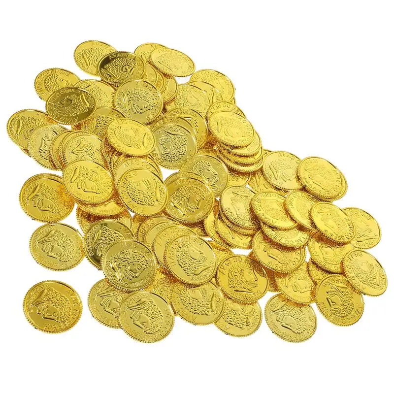 100 Uds. Monedas de oro de piratas, accesorios de monedas de oro de plástico, accesorios de juego, juguetes divertidos para niños (dorado)