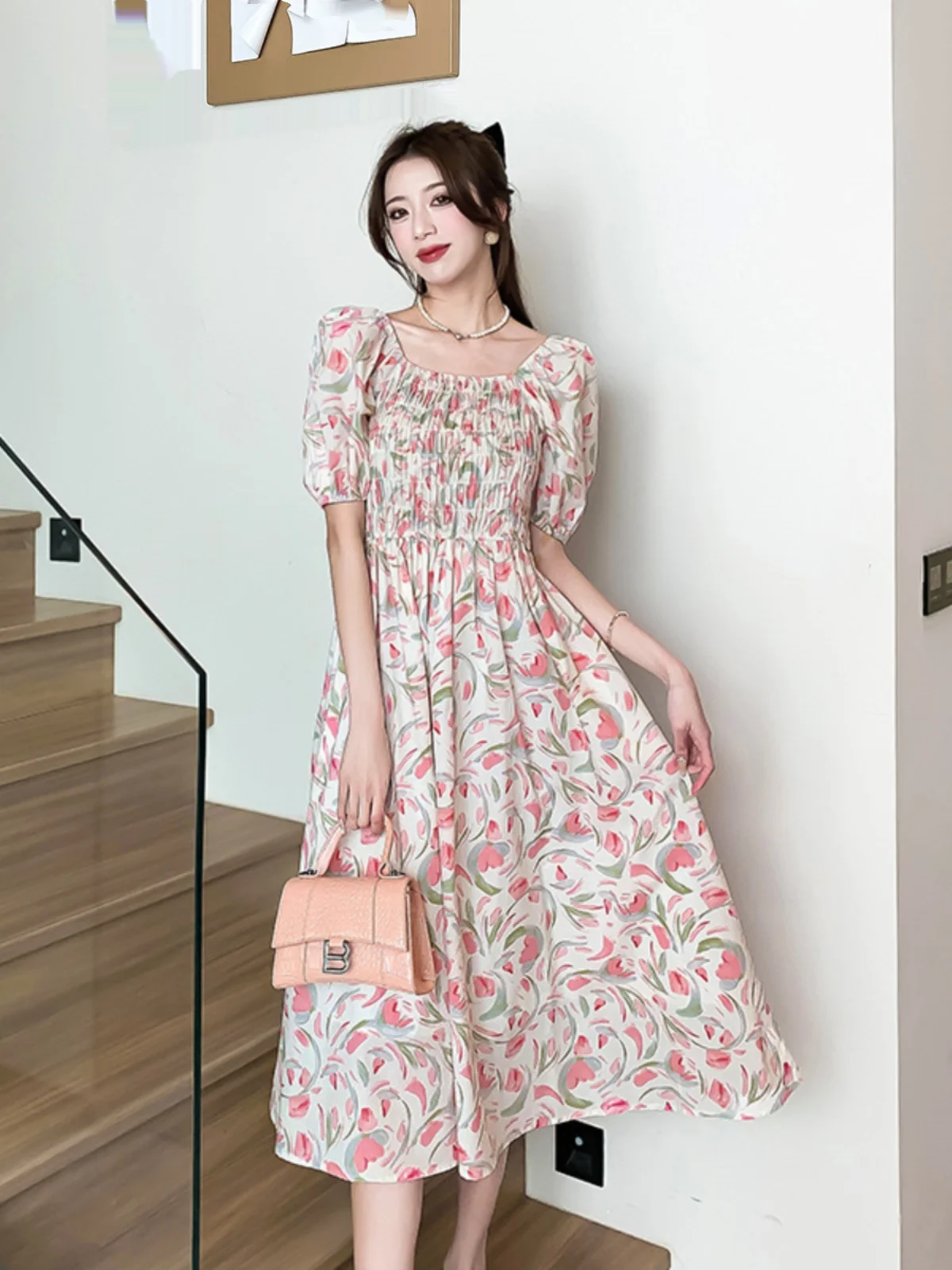 

Floral Print Maxi Dress Women's Summer New Style Waist Cinched A-Line Short Sleeve Square Collar Fairy Pink Dress