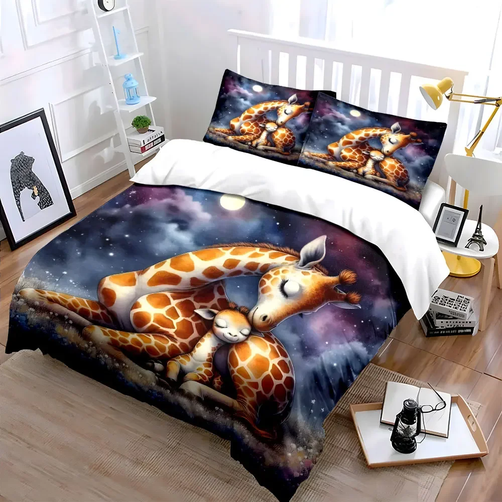 Giraffe Family Starry Night Decor Soft Comfortable Duvet Cover Bedding Set Included 1*Duvet Cover & 2*Pillowcases, gift