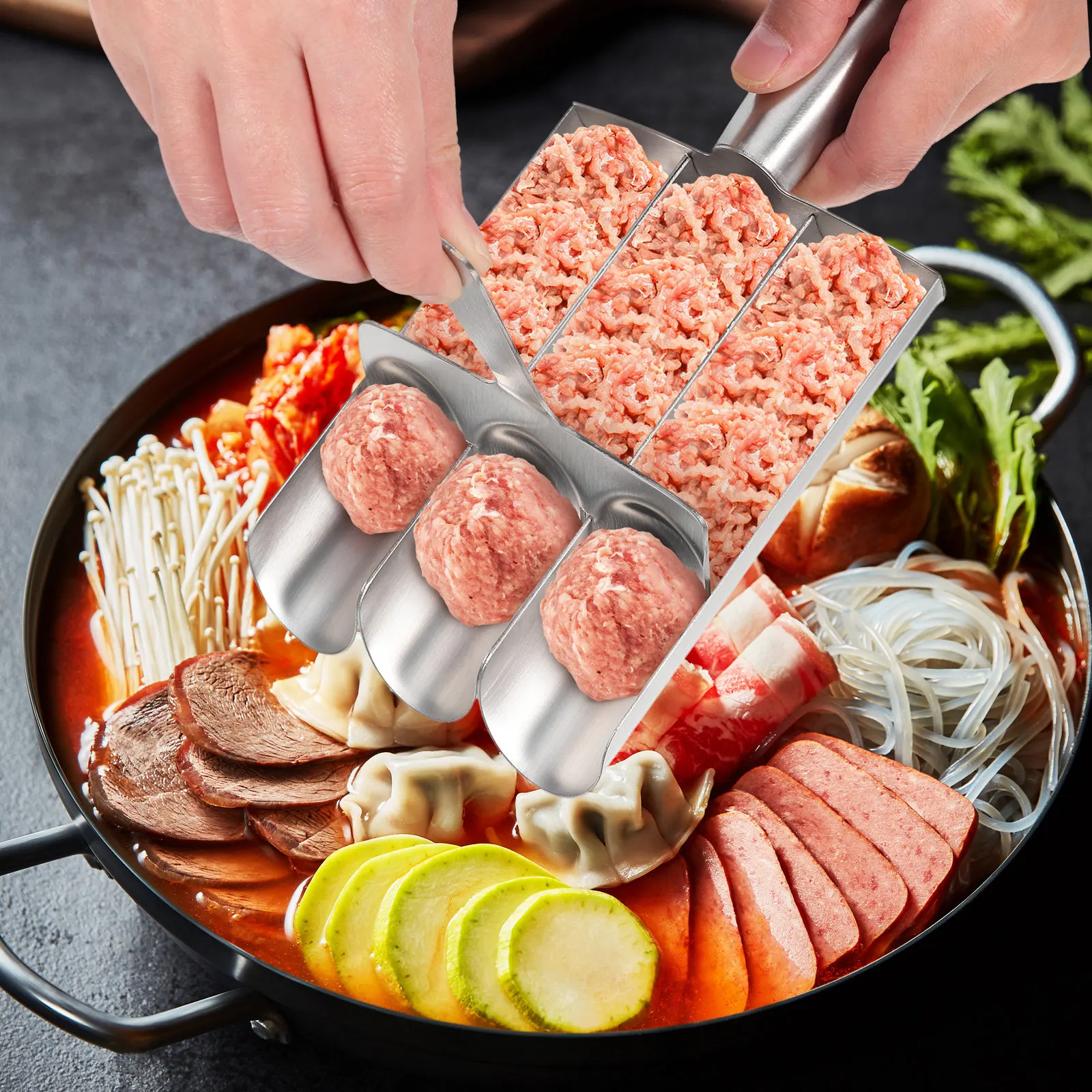1Set Triple Row Meatball Maker Stainless Steel Mold for Consistent Meatballs Shrimp Paste Rice Balls Cookie Dough Cooking Tool