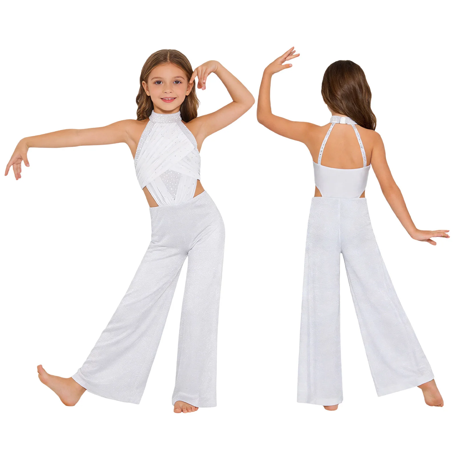 Meisjes moderne lyrische dansvoorstelling jumpsuit glanzende mesh strass steentjes latin schaatsen gymnastiek acrobatiek bodysuit danskleding