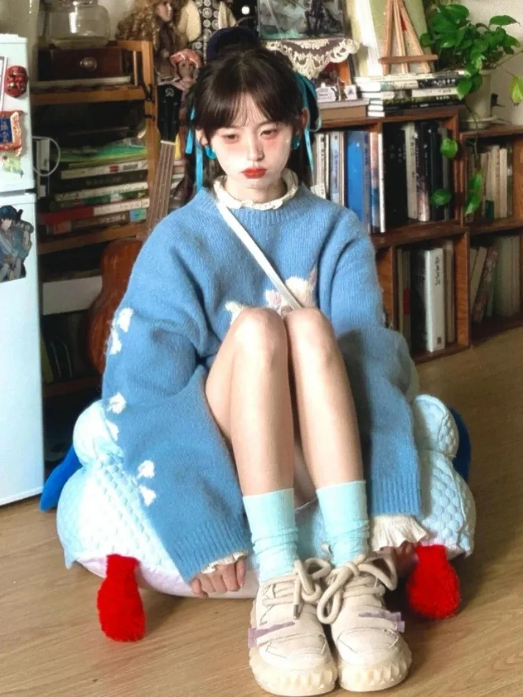 New Sweet Cute Sweaters Bow Cartoon Jacquard Contrast Color O Neck Long Sleeve Pullovers Preppy Style All Match  Women Clothing