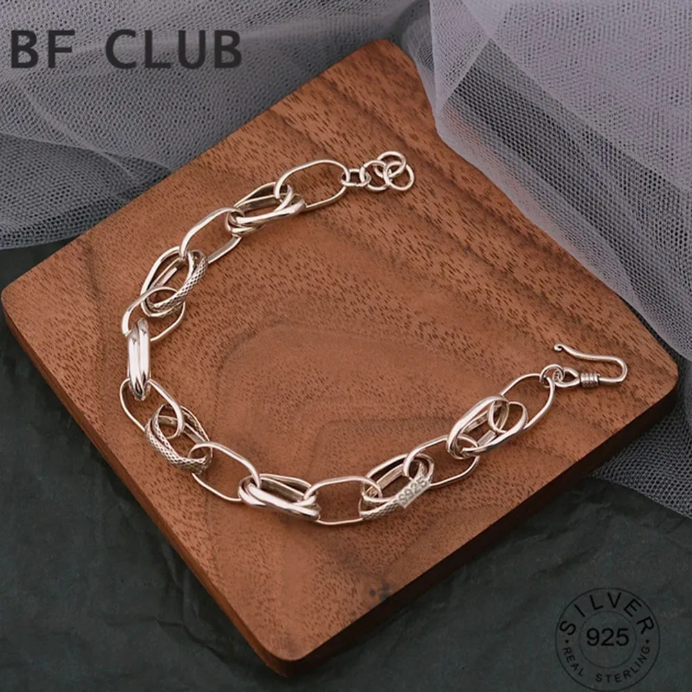 BFCLUB Silver Color Hiphop Thick Bracelet for Women Men Simple Chain Vintage Handmade Hasp Bracelet Birthday Gift