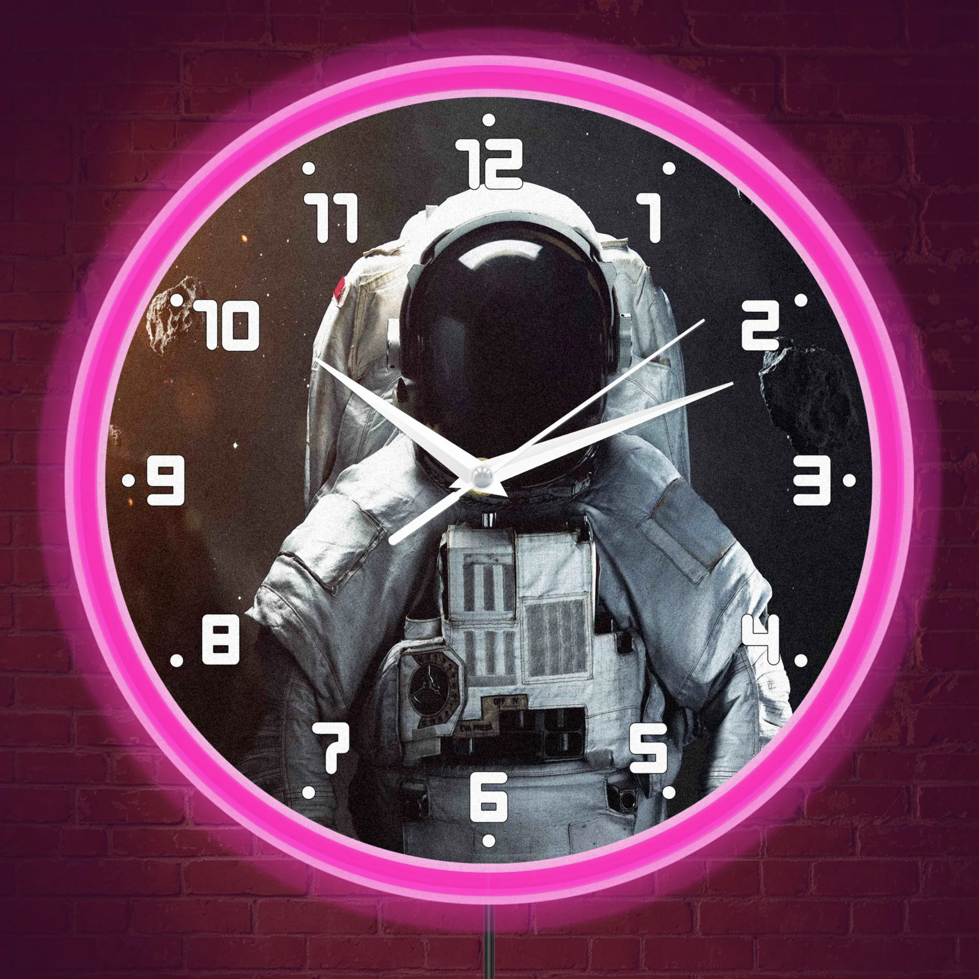 Outer Space Astronaut Portrait LED Neon Wall Clock Sci Fi Galaxy Home Decor Spaceman Exploration Night Light Clock Glow in Dark