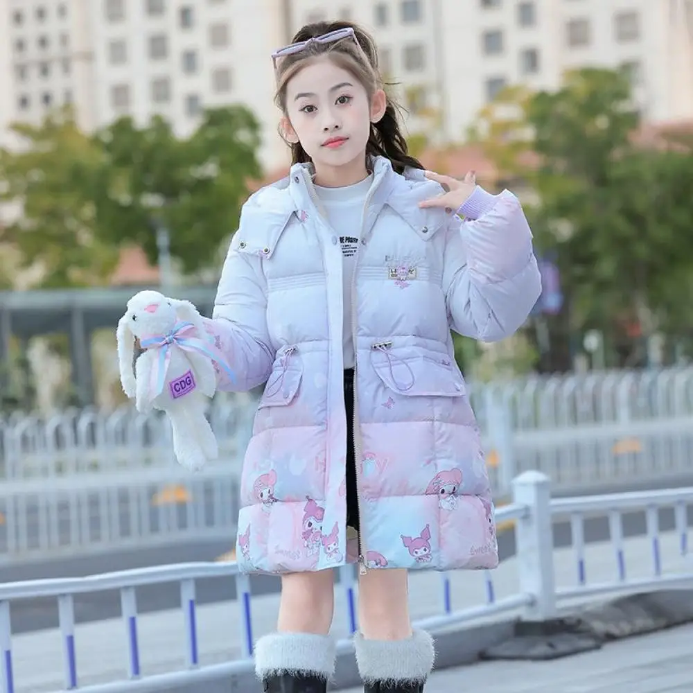 Sanrioed Kuromi My Melody Girls Thicken Cotton Padded Jacket Coat Cartoon Child Long Style Coat Winter Warm Cute Cotton Clothes