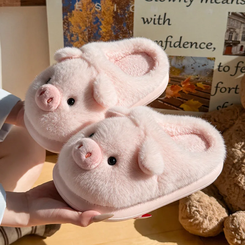Cartoon Pig Plush Slippers Women Winter Animal Fluffy Platform Shoes Girls Mules Indoor Fuzzy Fur Slides Soft Sole Non-Slip Warm