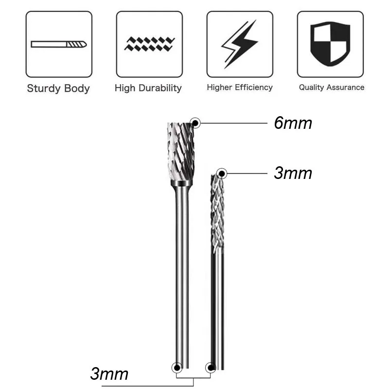 3mm and 6mm Edge Tungsten Carbide Milling Cutter Bit Rotary Tool Burr Double Single Cut for Metal Wood Plastic Stone Grinding