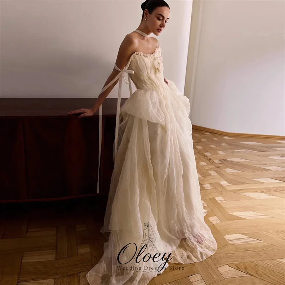 OLOEY Modern Off The Shoulder 3D Floral Ruffle Tulle Wedding Dresses For Woman A-Line Bridal Gown Customized Lawn Wedding