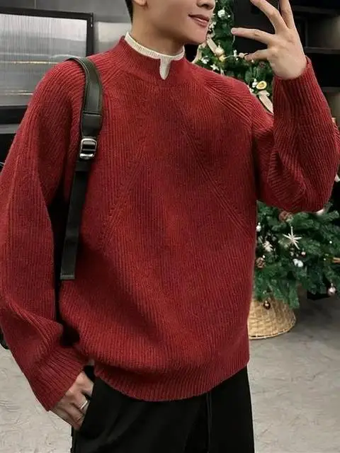 

Красный утепленный вязаный свитер с воротником хенли, круглым вырезом, имитация двухслойности, модный, для весны-осени, новогодний стиль