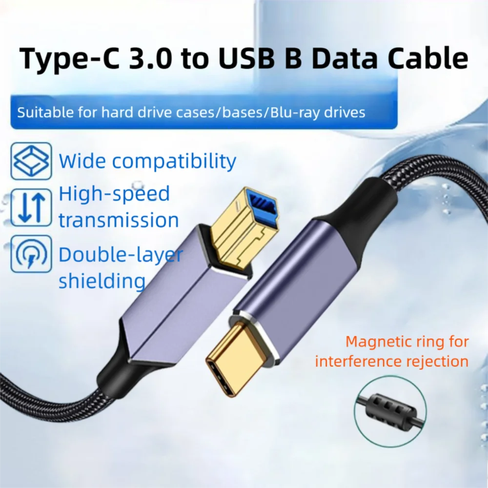 ذكر إلى ذكر USB C إلى USB B 3.0 كابل نقل البيانات مضفر النايلون نوع-C كابل الطابعة مطلية بالذهب عالية السرعة لإبسون/HP/كانون