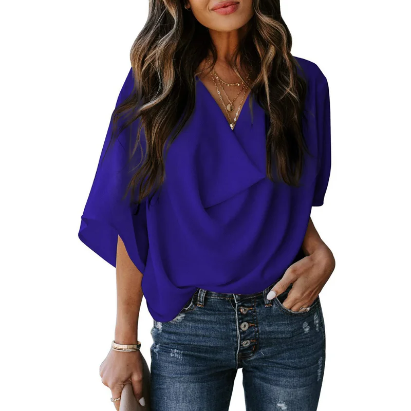 

2023 New Fashion New Pullover Women's Shirt Fashion Solid Color Half Sleeve Loose V-Neck Casual Drop Shirt 2023 Graphic T Shirts