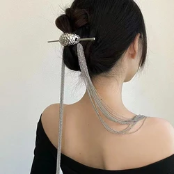 New Chinese Hair Stick With Long Tassel Woman Ponytail Hair Chignon Silver Color Cheongsam Hairpin Forks Classic Hair Jewelry