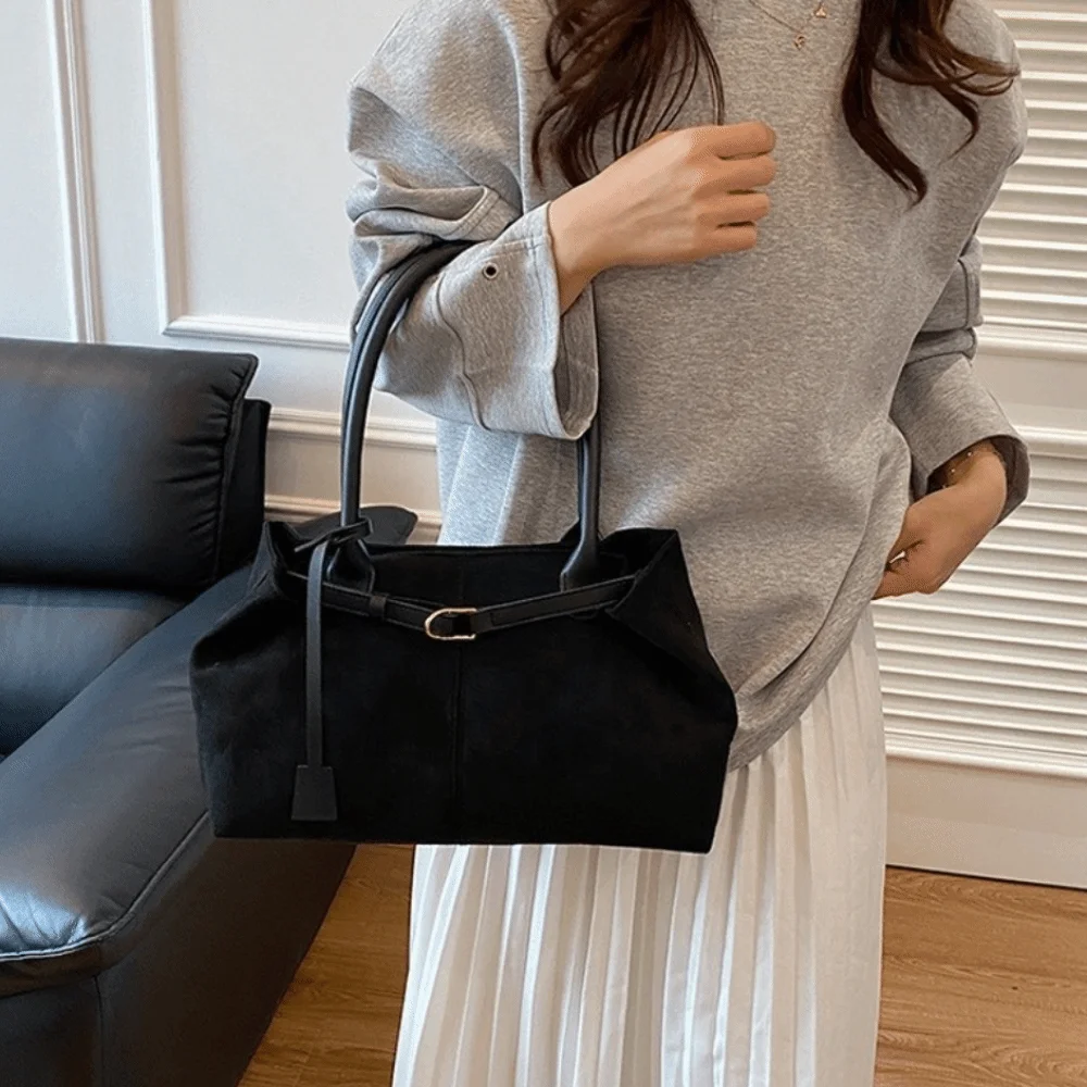 

Elegant Autumn Winter Tote Bag Large Capacity PU Leather Faux Suede Shoulder Handbag Vintage Style Solid Color