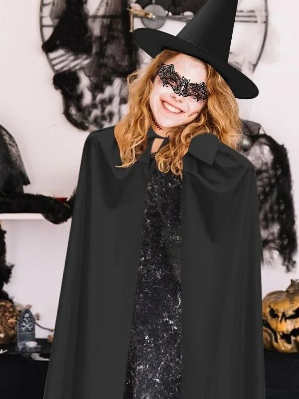 

Halloween Black Wizard Robe Adult Cos Party Costume Role Play Stage Prop Witch Collar Flip Stage Costume Women's Fashion