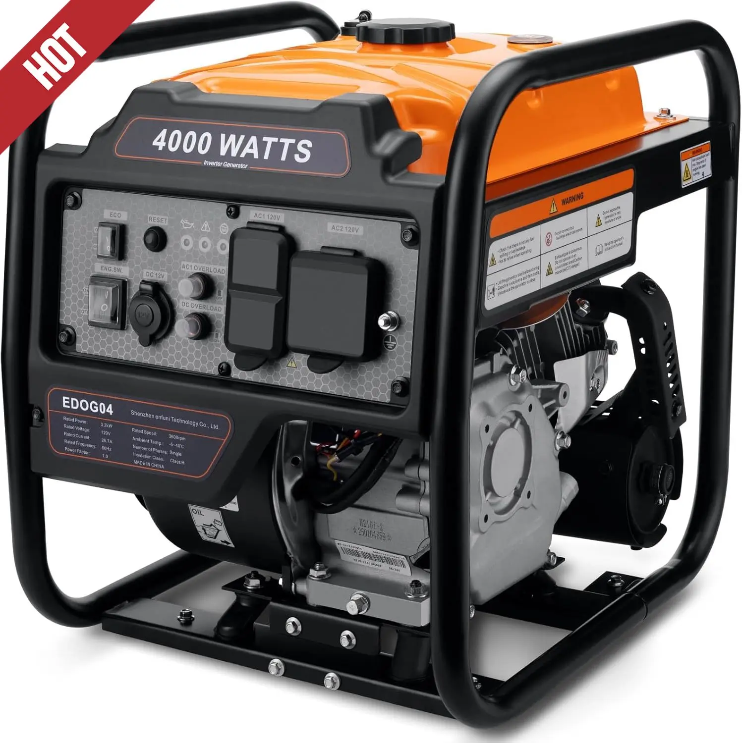 

4000 Watts Inverter Generator Gas Powered, Portable Open Frame Generator, Low Noise with ECO Mode and Inverter Technology