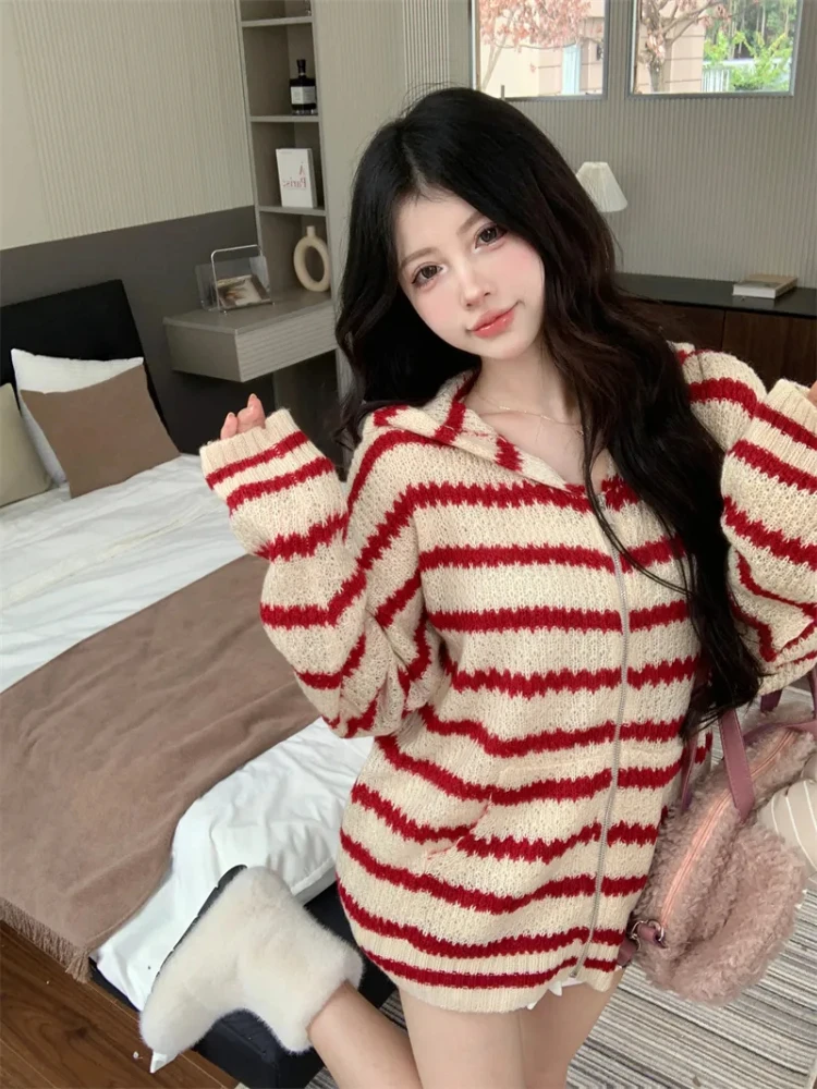 

Y2k винтажные куртки с длинными рукавами в красную полоску, вязаный топ с капюшоном и заячьими ушками для женщин, новинка весны 202, свободный кардиган, пальто