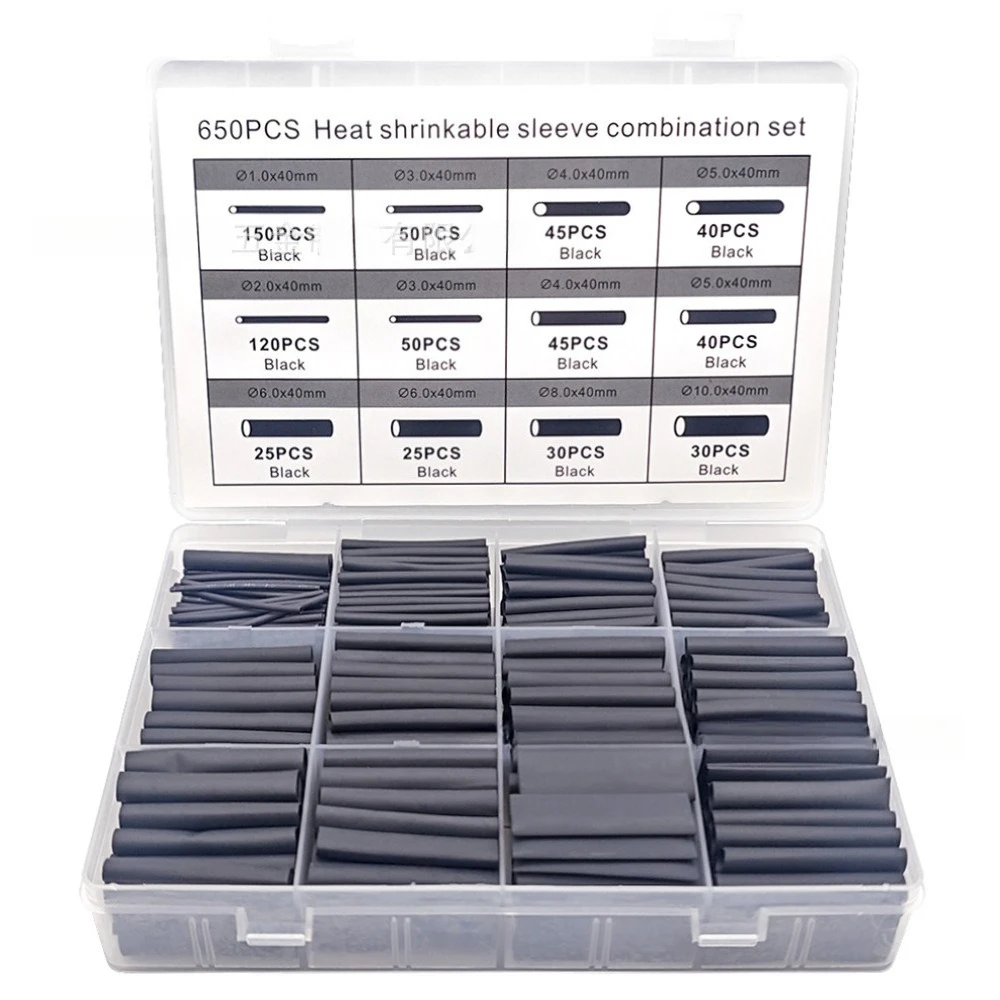 650Pcs Flame Retardant Heat Shrink Tubing Kit, Black Electrical Wire Insulation Cable Protection Sleeves with Storage Box