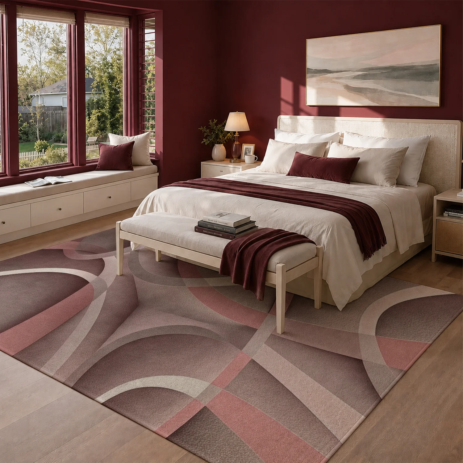 Large Indoor Area Rug, Soft Velvet Low Pile with Non-Slip Dotted Backing, Machine Washable Modern Abstract Pink Mauve Curved Pattern Floor Rug for Living Room and Bedroom Decor