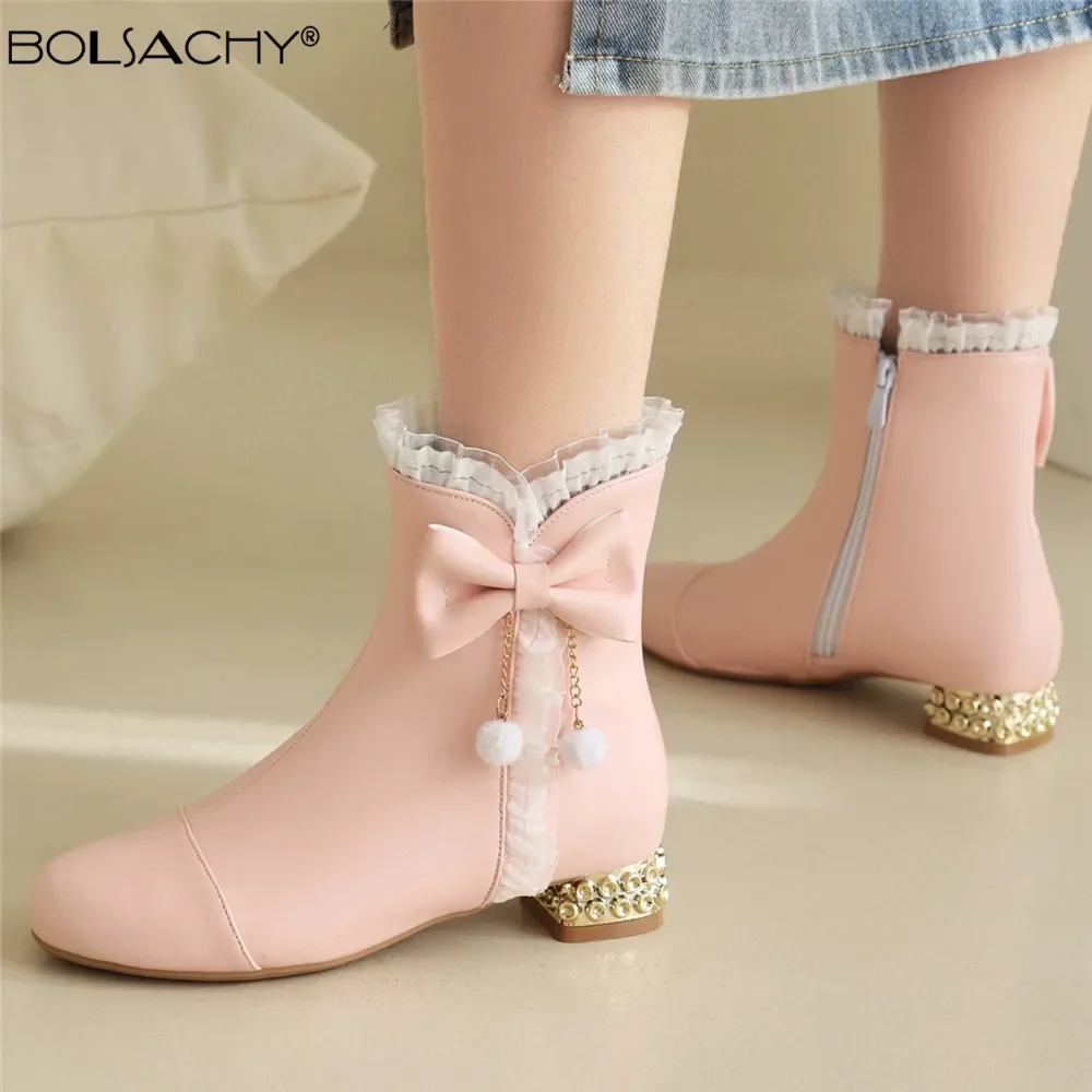 

Женские ботинки, новинка 2025, осенне-зимние ботильоны для девочек, короткие ботинки на толстом каблуке и низком каблуке, боковая молния с бантом и цепочкой, кружевная обувь Botas Mujer, размеры 31–43
