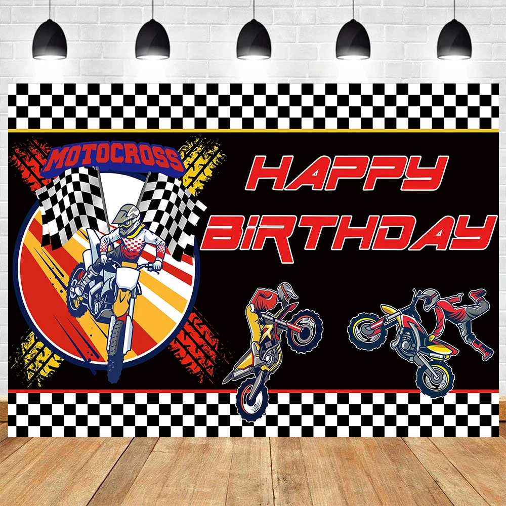 Cartoon Motocross Racing Dirt Bike Motorcycle Theme Children Boy First Birthday Party Photography Room Wall Banner Decoration ﻿