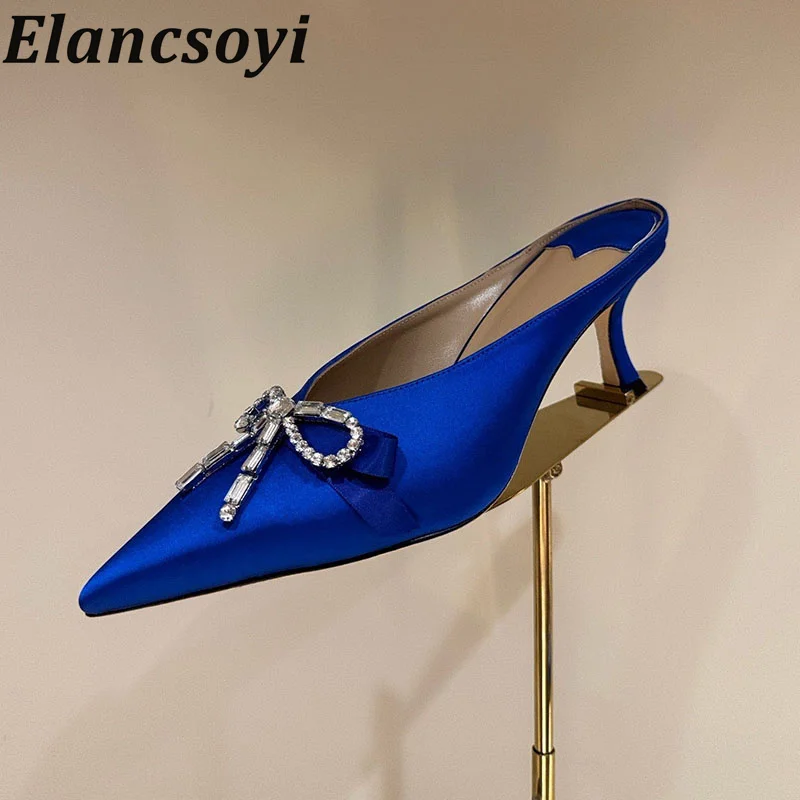 Image of Damen-Sandalen aus Satin mit Strass-Schleifenverzierung, einfarbig, Sommer 2026, sexy Party-Slipper, schmal geschnitten, modische Jeans-High-Heels
