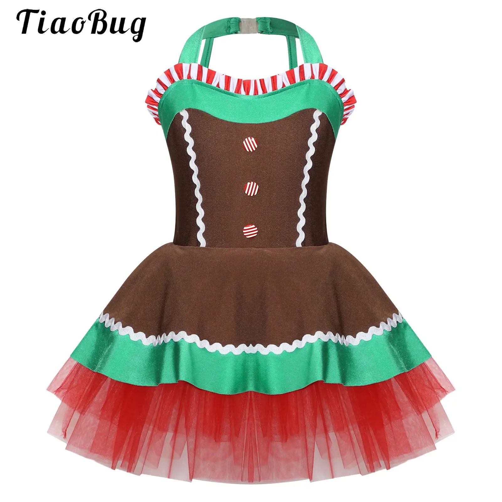 Kids Girls Christmas Gingerbread Man Dress Halter Neck Striped Mesh Skirt Tutu Dress New Year Xmas Ballet Leotard Dancewear