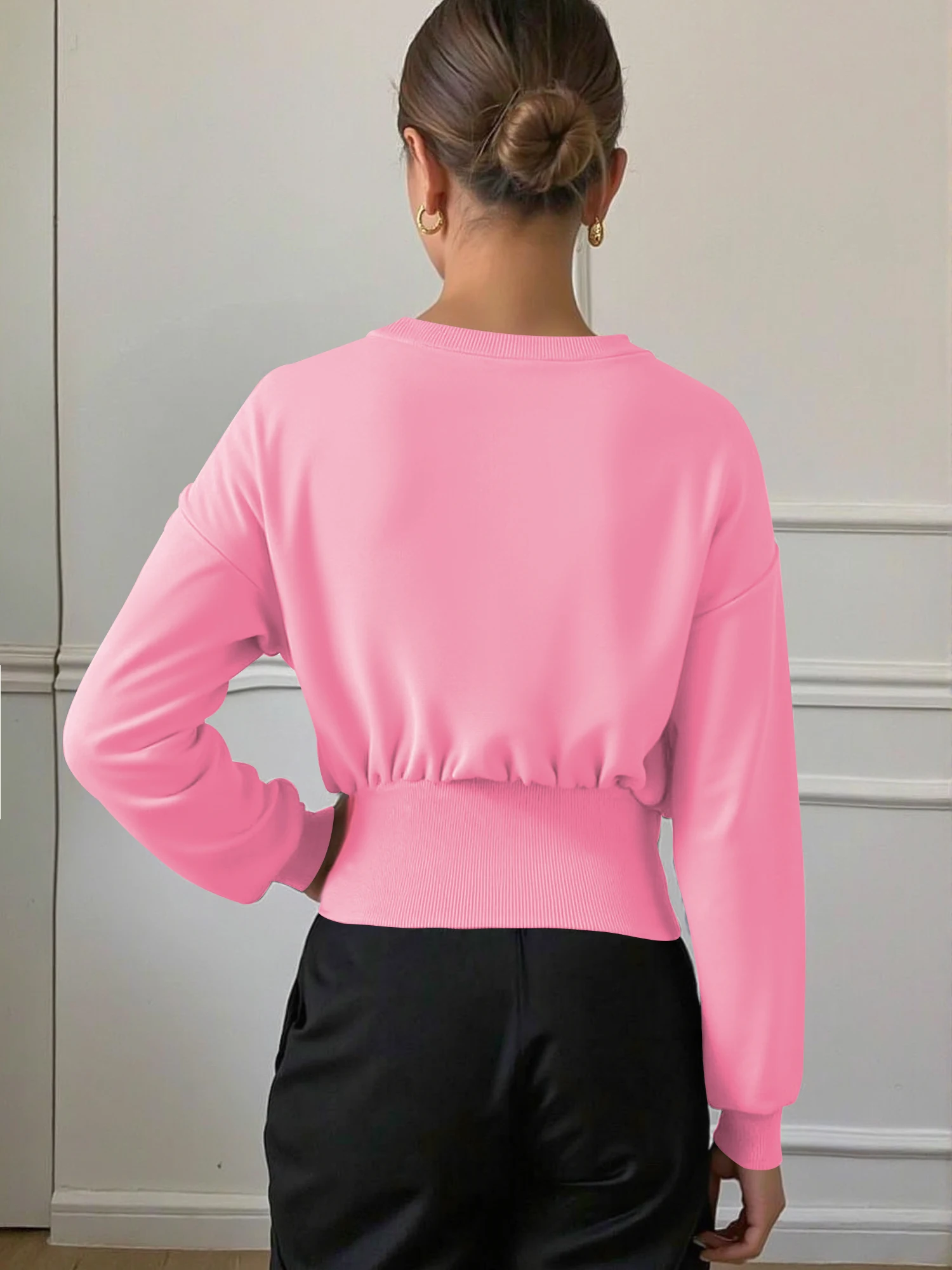Crew Neck Drop‑Shoulder Cropped Sweatshirt, Side Button Waist‑Cinch Pullover for Street Snap & Influencer Daily OOTDs