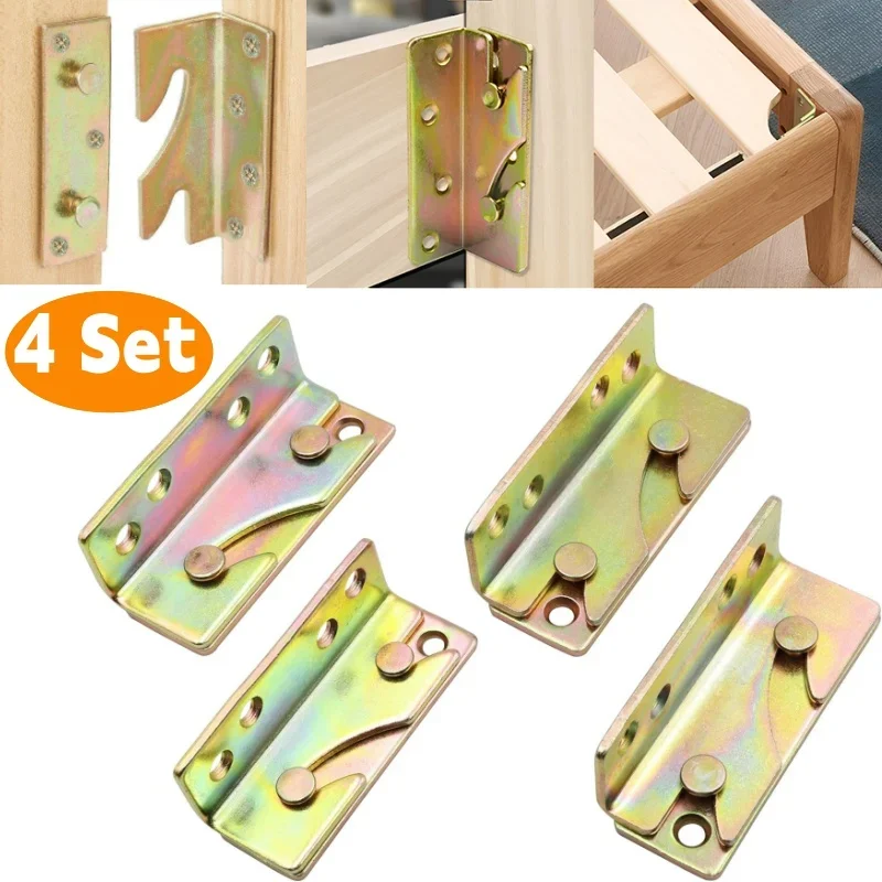 4 Sets Heavy Duty Bed Rail Brackets Non-Mortise Bed Frame Fasteners Interlock Hanging Buckle Wooden Furniture Hinges Connector