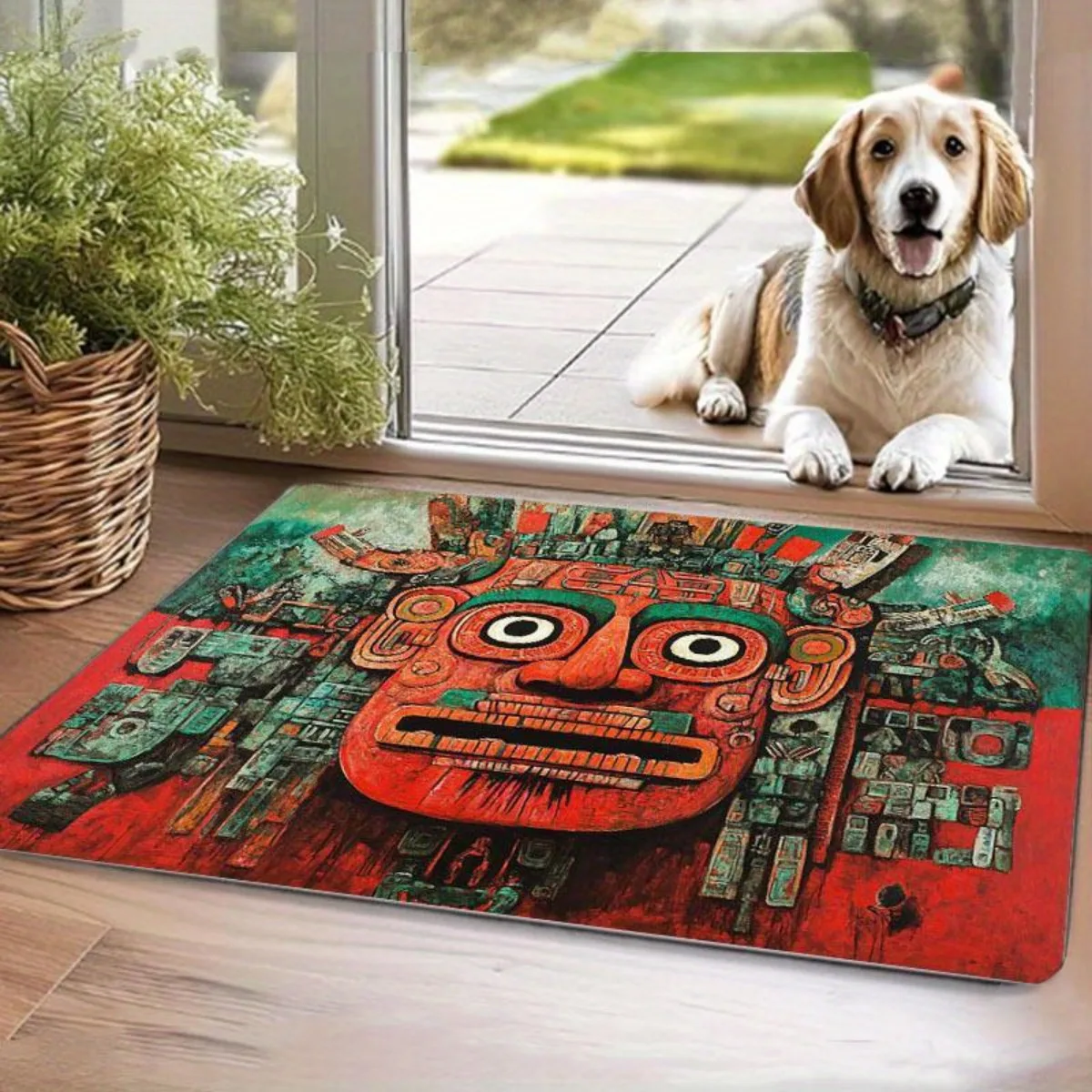 1pc Mayan-Inspired Art Mat - Non-Slip, Washable Floor Mat with Intricate Red, Green, Black Design - Vibrant Mayan Artwork for En