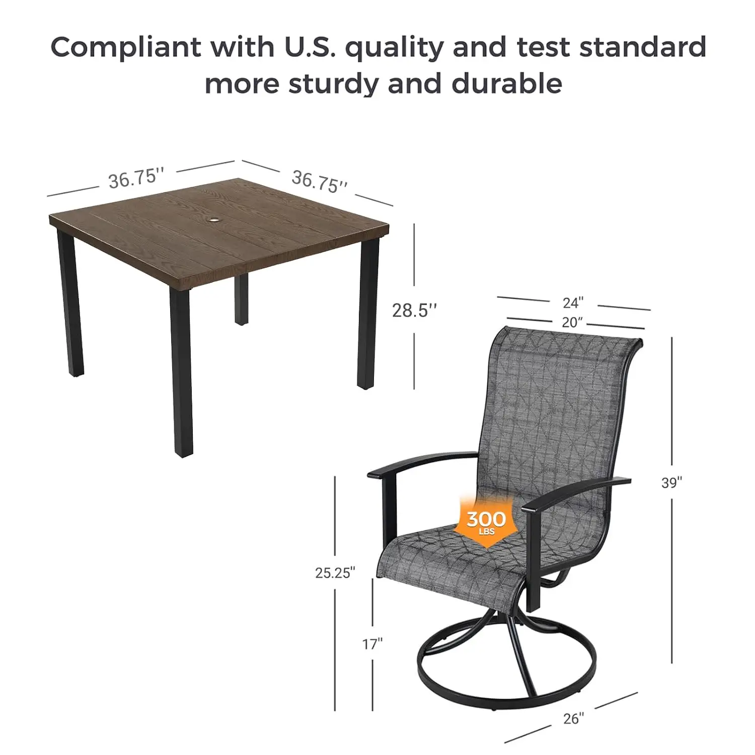 5-Piece Outdoor Dining Set For 4 With Swivel Chairs & Square Woodgrain Table With Umbrella Hole, Black & Grey Plaid, Customized