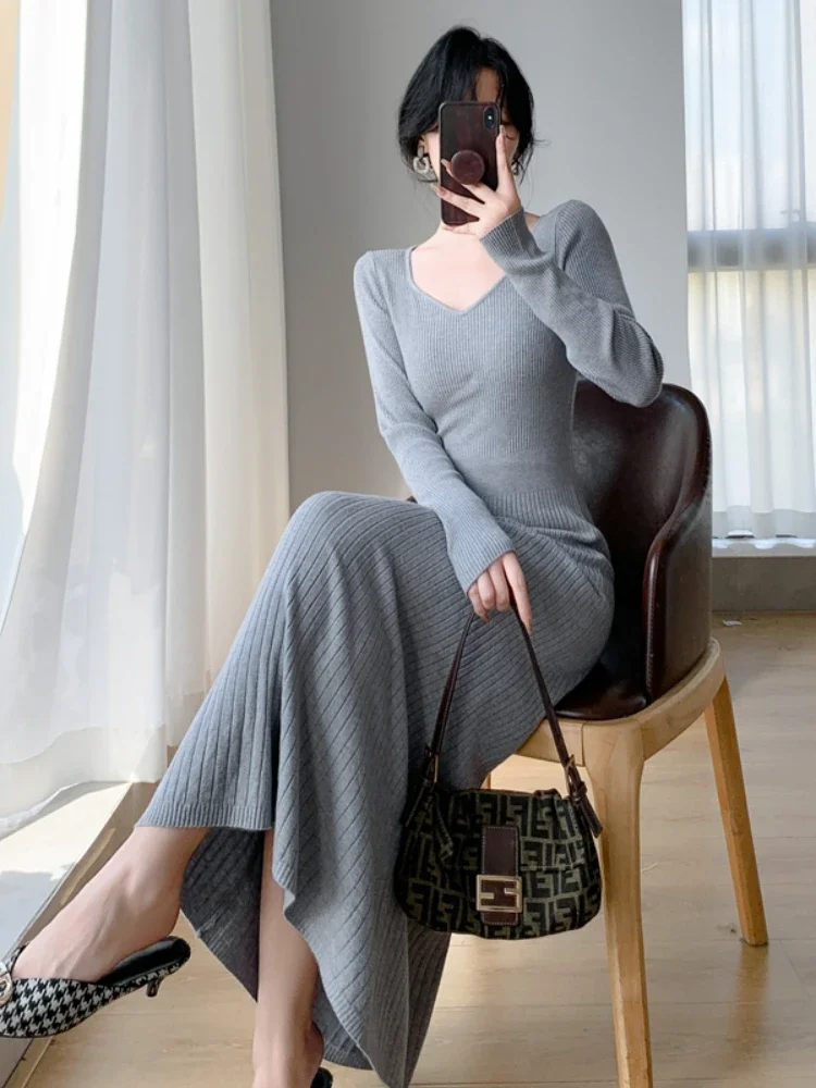 Autumn Winter Long Over Knee Sweater Dress Women Vintage V-neck Bottom Knitted Long Black Dress