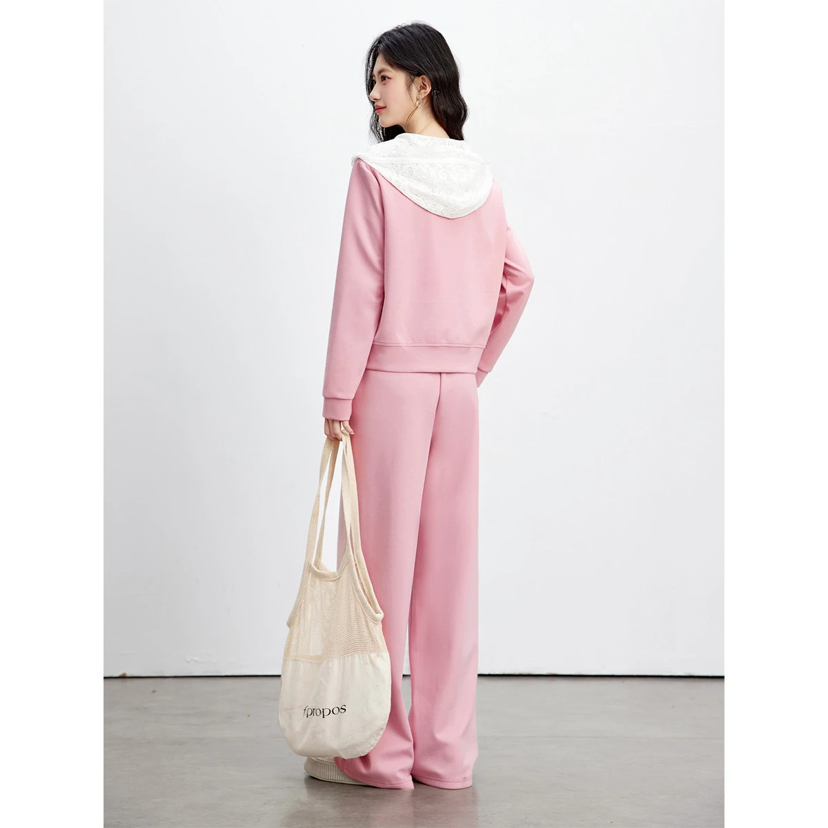VIMLY Women's Pink Tracksuit Casual Sport Two Piece Pant Set 2026 Spring Lace Hooded Zip up Jacket Wide Leg Sweat Pants A3381