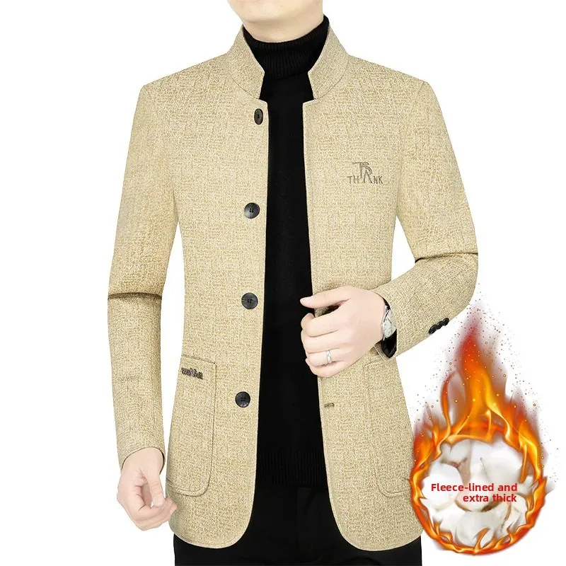 Cotton-Padded Jacket New Autumn/Winter Style Stand-Up Collar Mid-Aged Men's Woolen Jacket Casual Top High-End Coat